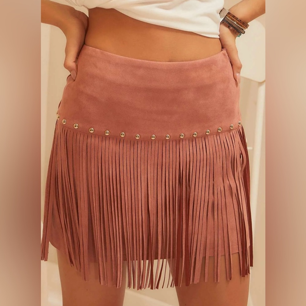 Main Strip Dusty Rose Suede Fringe Mini Skirt